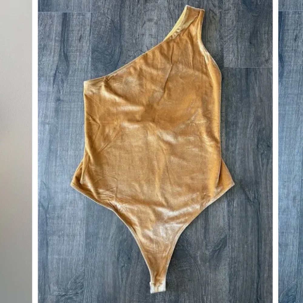 Fabletics One-Shoulder Velvet Bodysuit in Mustard